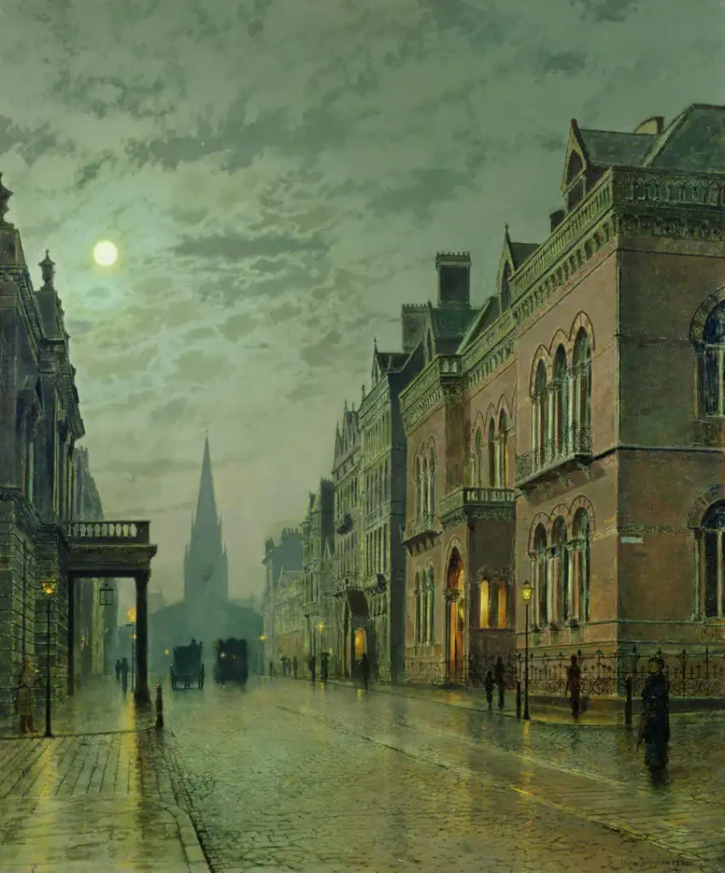 schilderij van straat in Leeds in de regen, bij schemering, eind 19e eeuw