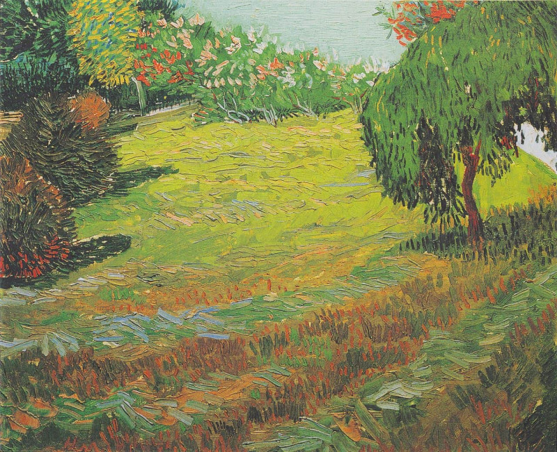schilderij van Van Gogh van tuin met treurwilg en andere bomen