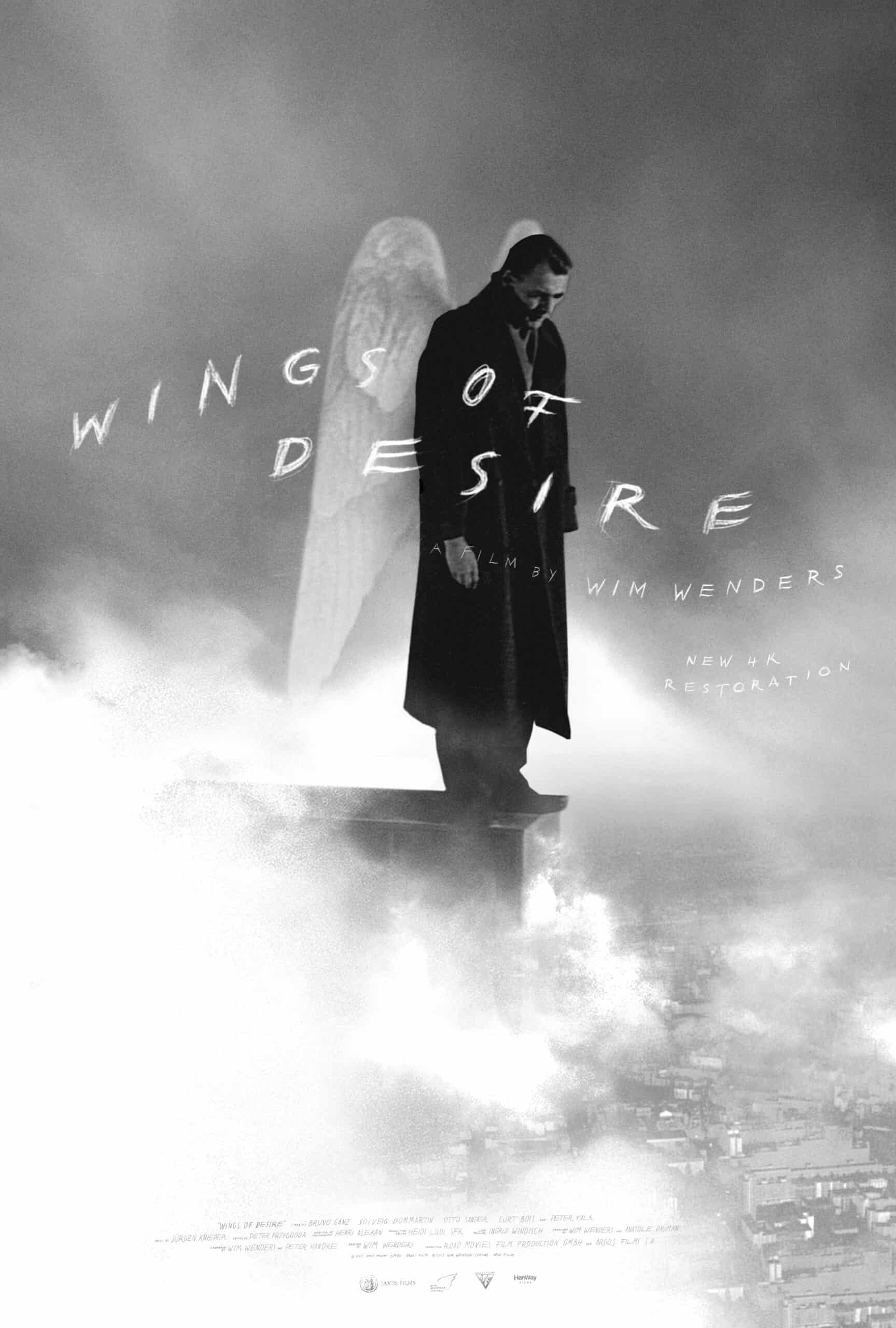 filmposter toont man met engelenvleugels die neerkijkt op een stad, tekst zegt: WINGS OF DESIRE