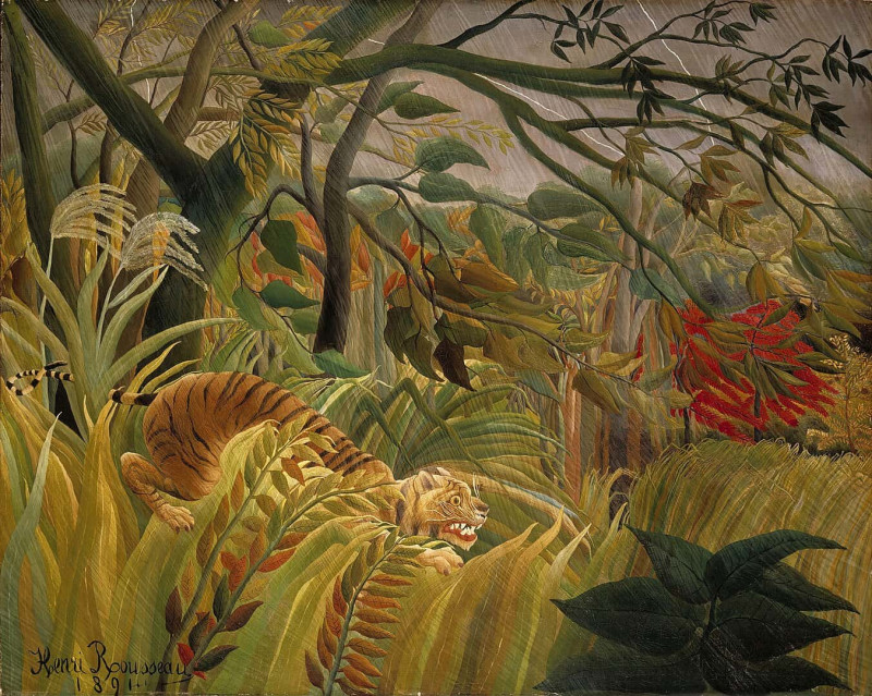 schilderij van wildernis met tijger op voorgrond