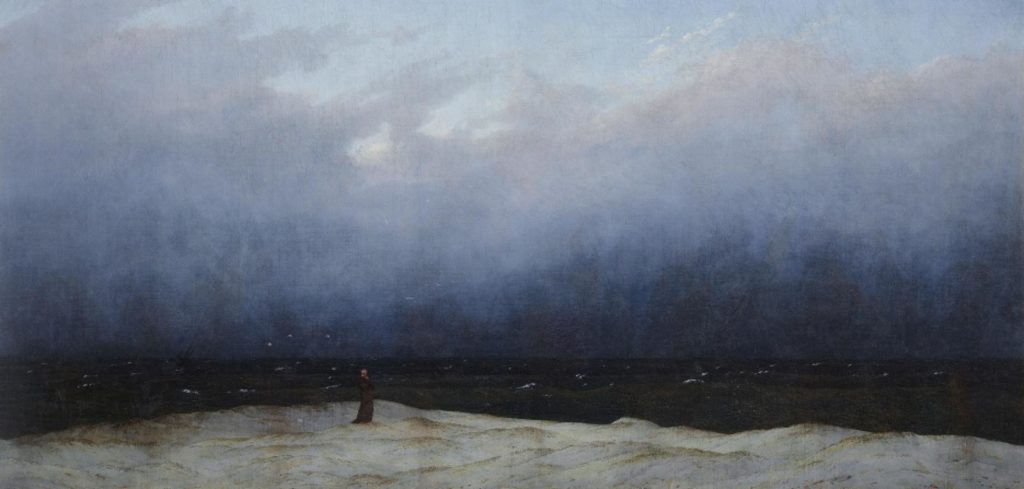 schilderij met persoon aan zee onder donkere lucht