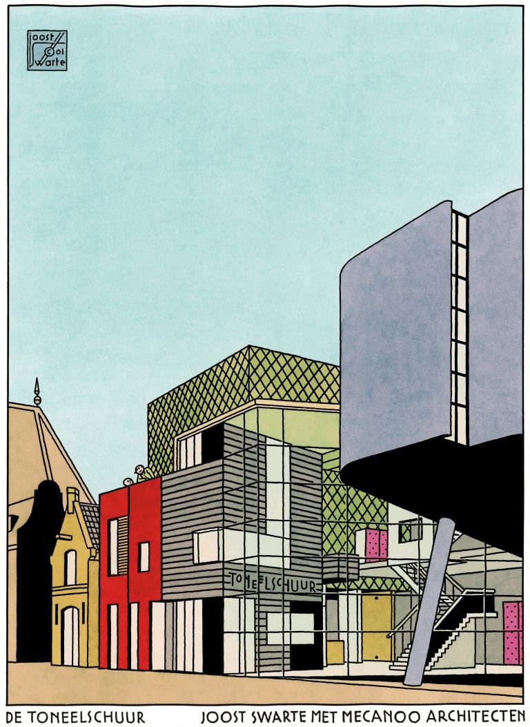 kleurentekening van een theater in een stad