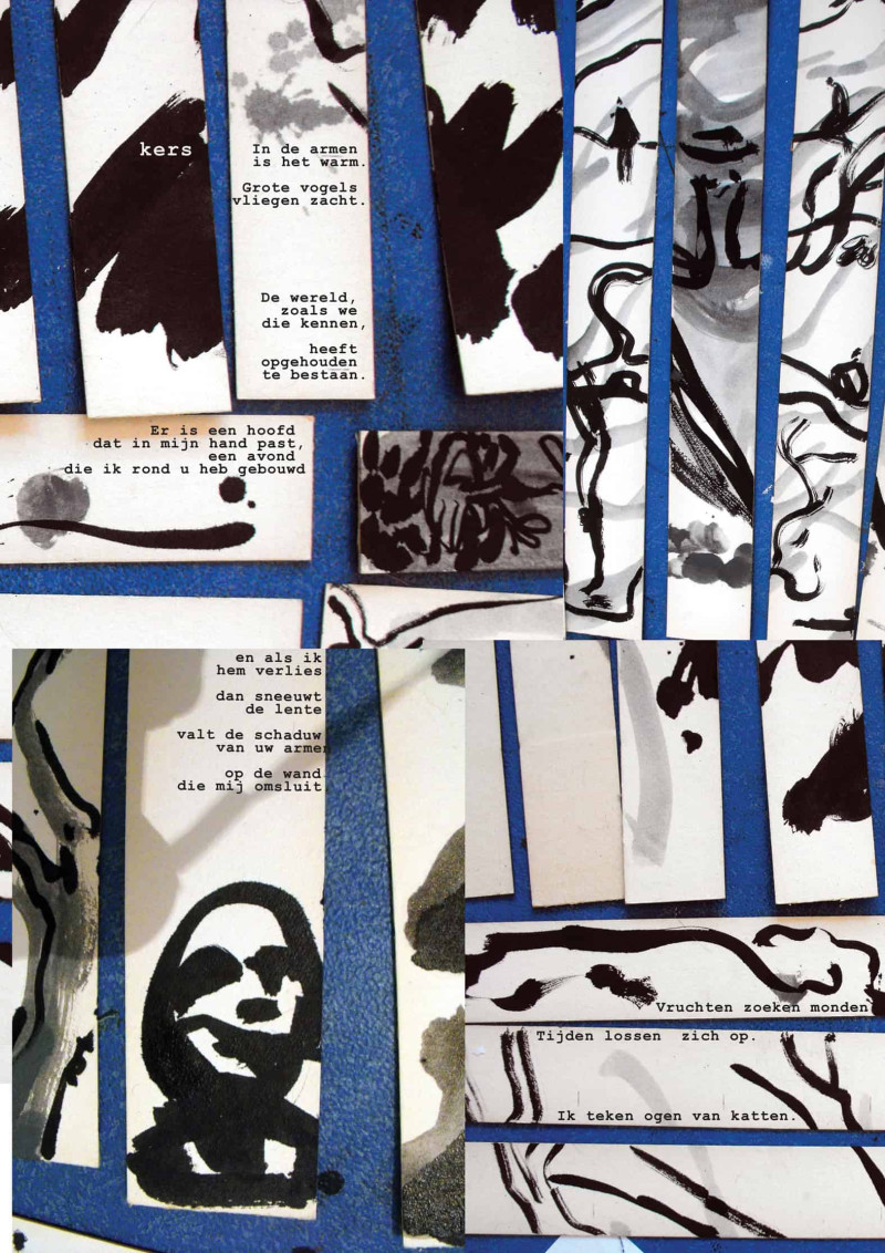graphic poem met strofen, schetsen op blauwe achtergrond
