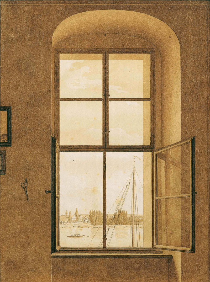 sepia-tekening met blik op een groot open raam uitkijkend op een rivier