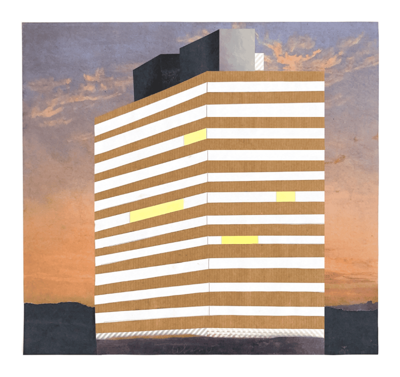 collage van flatgebouw bij zonsondergang, in groene omgeving