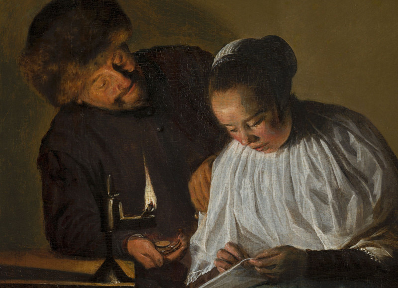 Judith-Leyster---Man-die-een-vrouw-geld-aanbiedt-Mauritshuis_detail