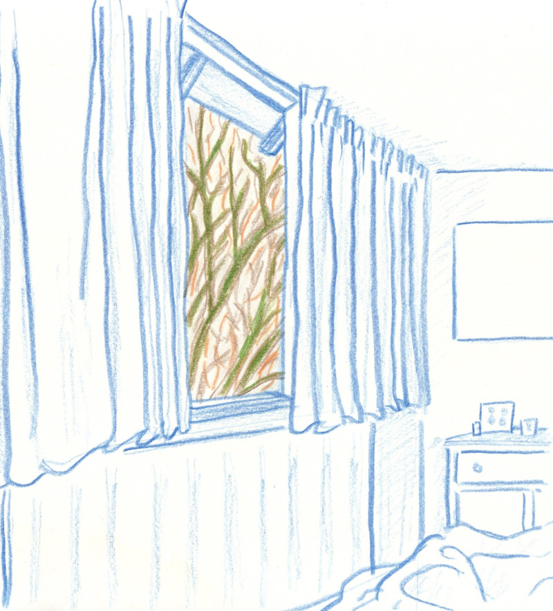 tekening van slaapkamer met blik op venster